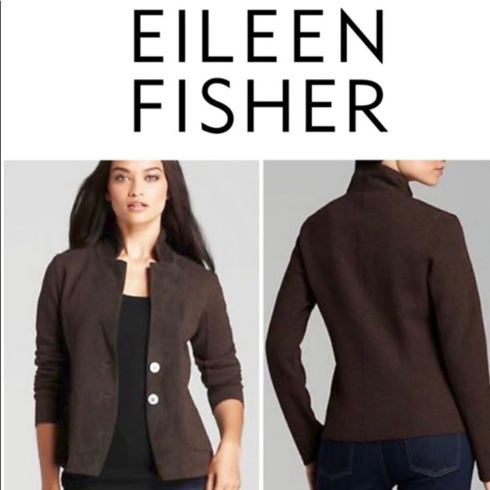 Eileen Fisher Wool Suede Button Front Notch Collar Cardigan Jacket M